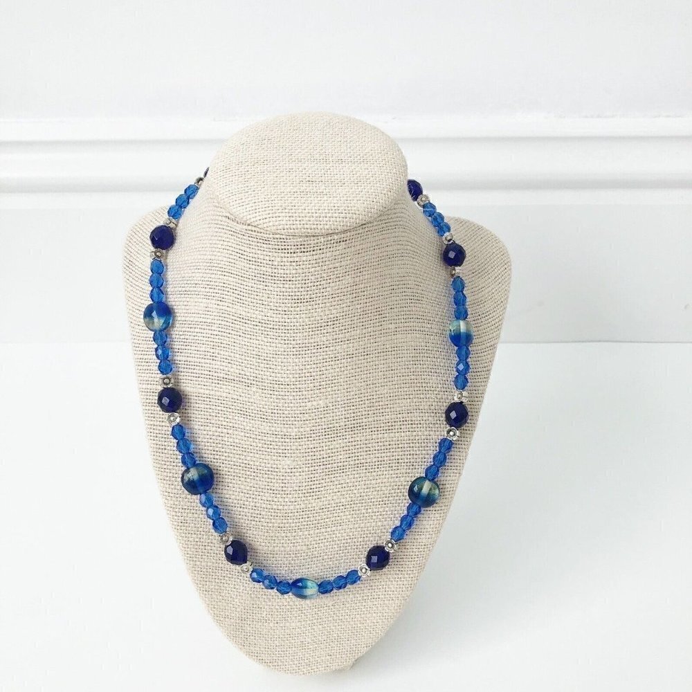 NWT Genuine Czech Crystal, Lampwork Glass, Metallic Flower Beads Necklace Blue